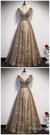Elegant V Neck Gray Gold Tulle Lace Long Prom Dress, Tulle Formal Dress